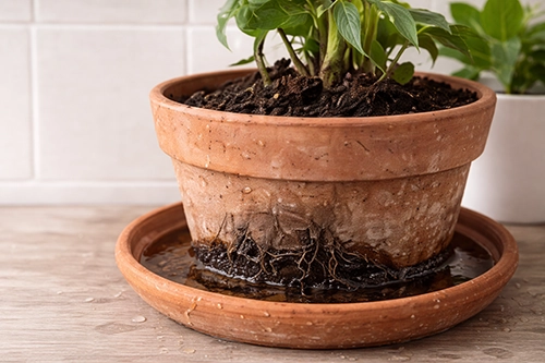 vaso com as raízes molhadas