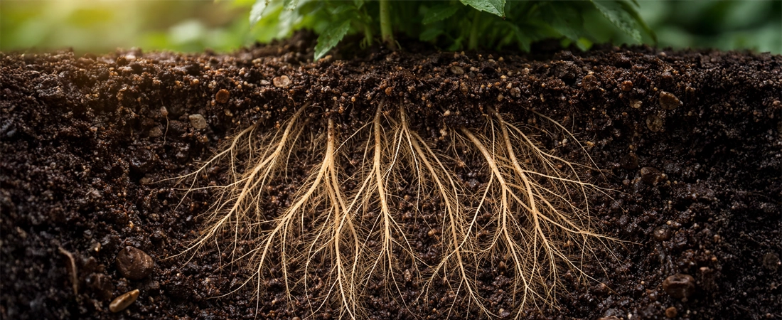 Raízes saudáveis em solo levemente úmido