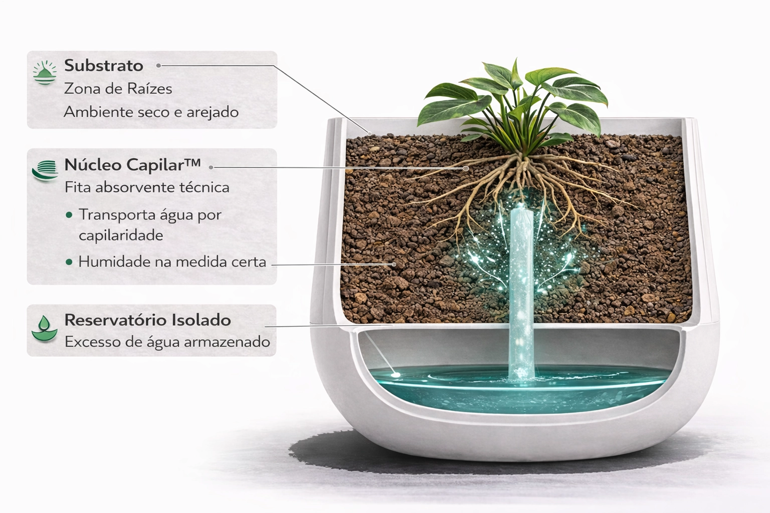 Estrutura interna do vaso com drenagem inteligente